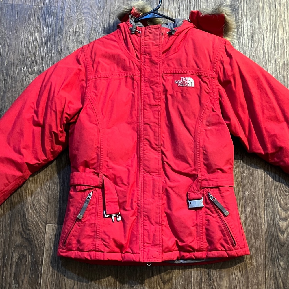 The North Face Vintage Women’s Red Down Snorkel Jacket with Faux Fur lined Hood